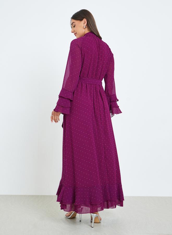 ستايلي فستان طويل بأكمام مكشكشة وتفاصيل مرصعة - Image 4